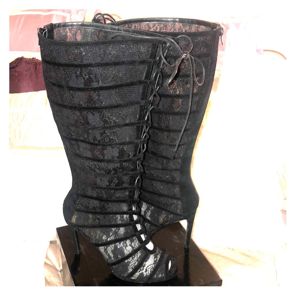 Black Lace Wide Calf Plus Size Boots Brand New